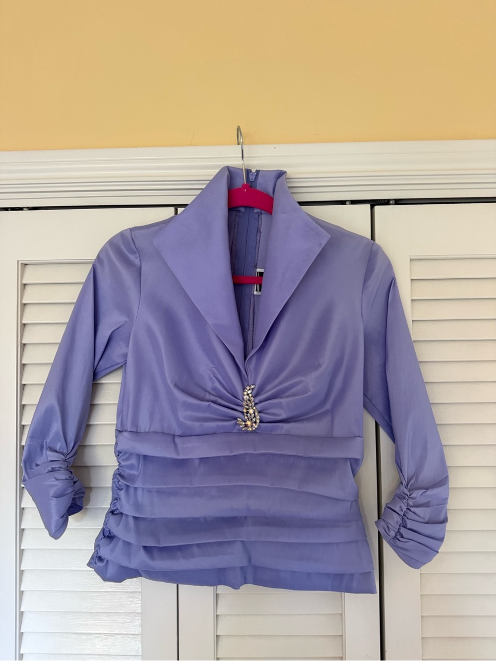 Tadashi Shoji Lavender Satin Ruched Jacket with Jewel Accent